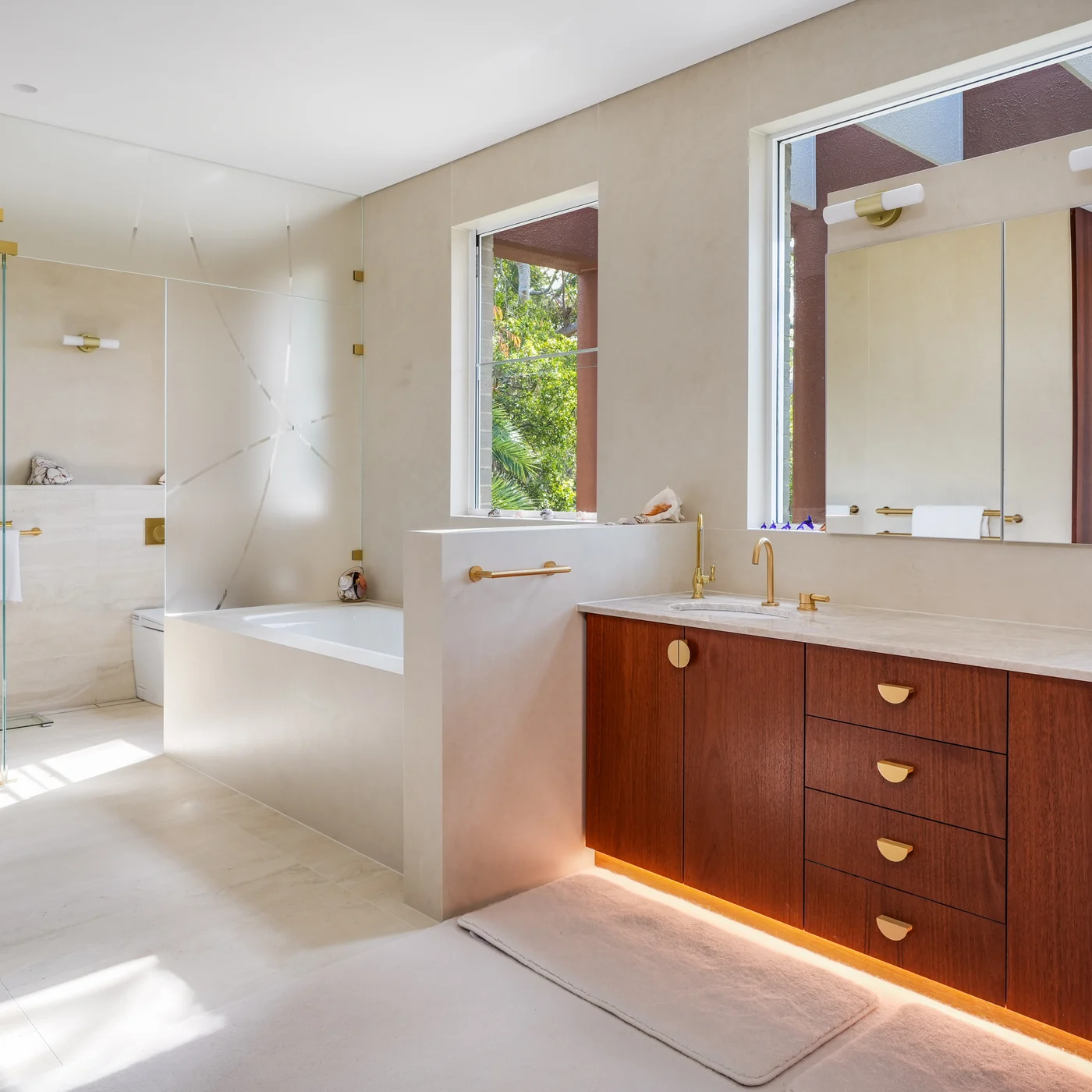 Main bathroom at Balmoral, freestanding bath and a timber vanity with brass tapware